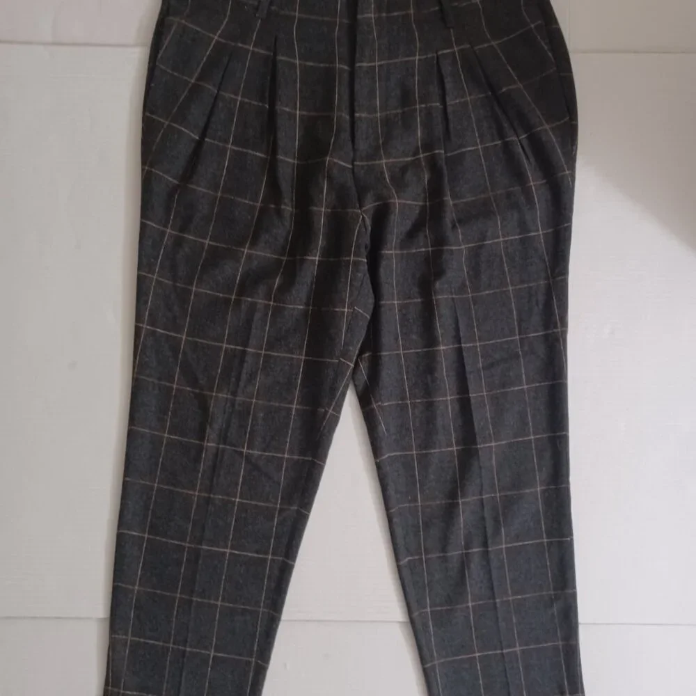 ASOS DESIGN WOOL BLEND PLEATED TAPERED LEG WINDOWPANE PLAID PANTS SIZE 34×30